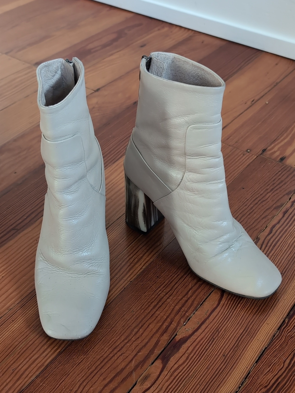 Topshop Bone Leather Ankle Boots with Block Heel